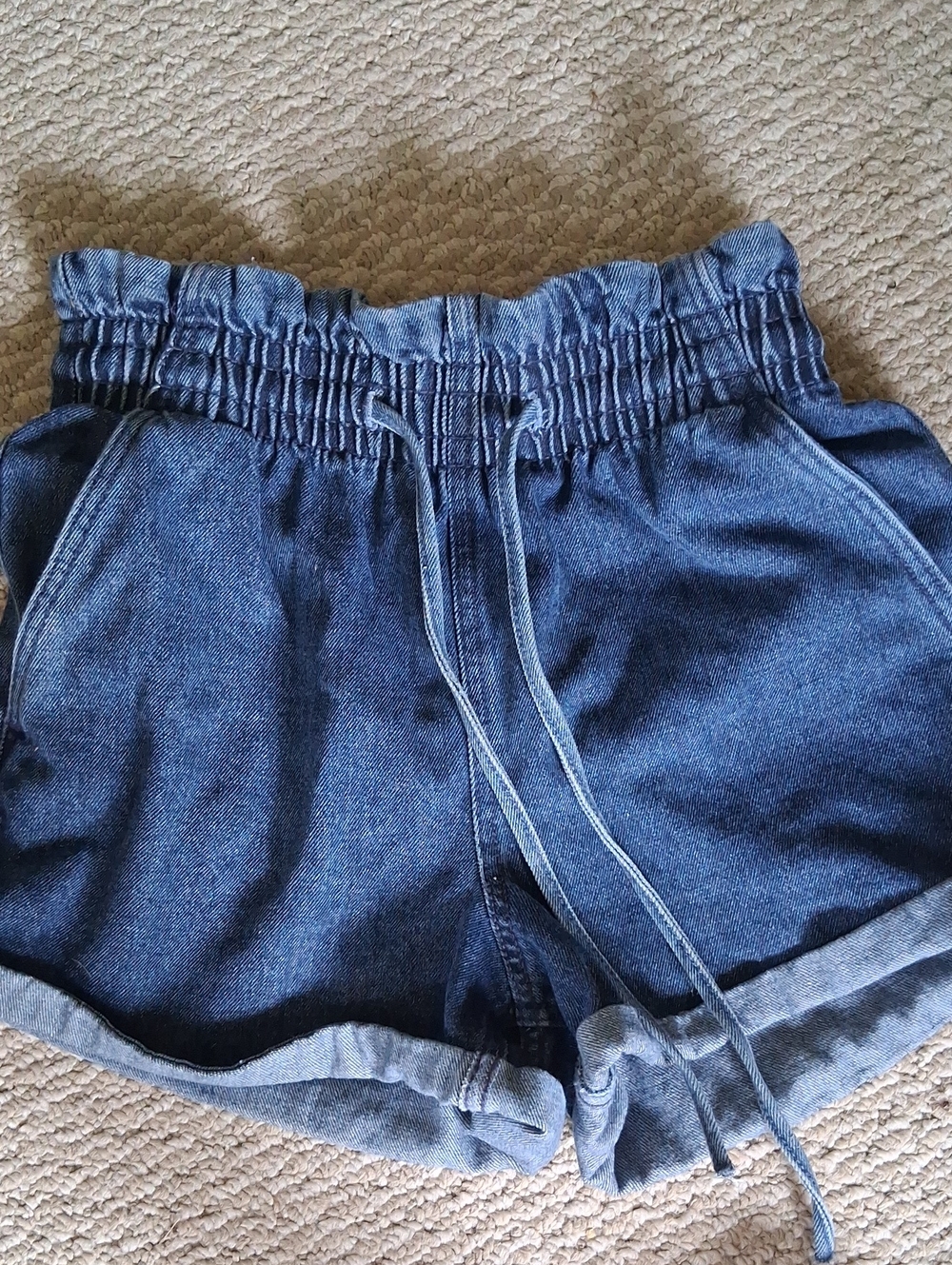 Refuge High-Rise Blue Denim Paperbag Shorts with Drawstring